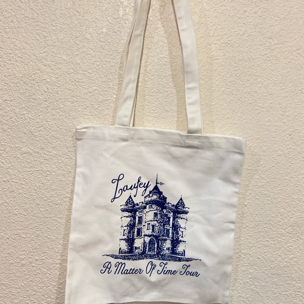 Laufey A Matter of Time Tour Tote Bag White Castle Print Concert Merch in Hand